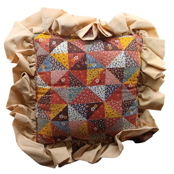 Vintage Patchwork Quilted Throw Pillow with Ruffled Edges - Picture 2 of 2